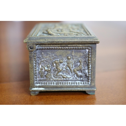 1683 - Antique continental cast brass trinket casket, cast in relief with harvest scenes, approx 5.5cm H x ... 