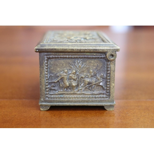 1683 - Antique continental cast brass trinket casket, cast in relief with harvest scenes, approx 5.5cm H x ... 