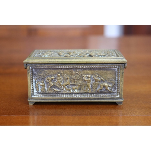 1683 - Antique continental cast brass trinket casket, cast in relief with harvest scenes, approx 5.5cm H x ... 