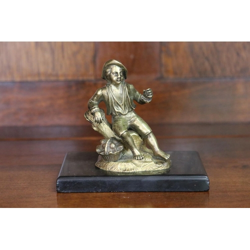 1687 - Antique French bronze figure of a young boy, against a stump, on black marble base, approx 10cm H in... 