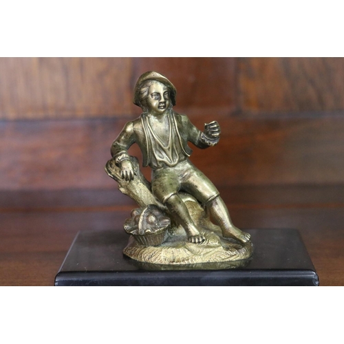 1687 - Antique French bronze figure of a young boy, against a stump, on black marble base, approx 10cm H in... 