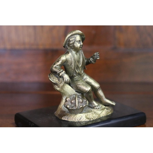 1687 - Antique French bronze figure of a young boy, against a stump, on black marble base, approx 10cm H in... 