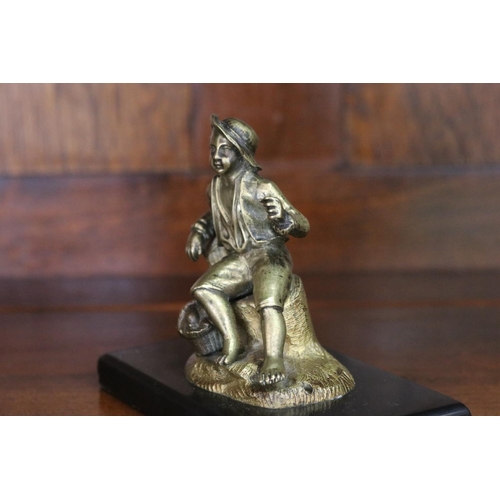 1687 - Antique French bronze figure of a young boy, against a stump, on black marble base, approx 10cm H in... 