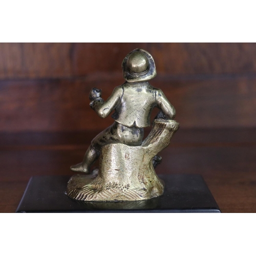 1687 - Antique French bronze figure of a young boy, against a stump, on black marble base, approx 10cm H in... 