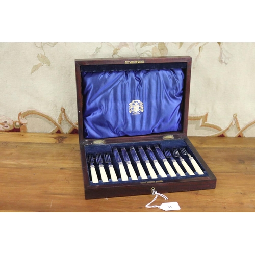 1722 - Antique set of silver plated fruit knives and forks for six in case, case approx 6cm H x 31cm W x 23... 