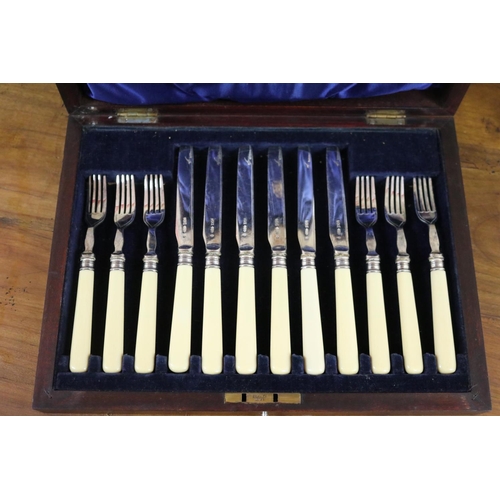 1722 - Antique set of silver plated fruit knives and forks for six in case, case approx 6cm H x 31cm W x 23... 