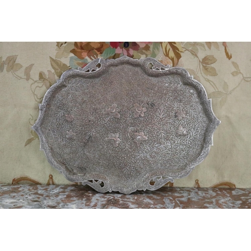 1741 - Antique Islamic silver plate shaped edge tray, all over flat chasing approx 47cm x 64cm