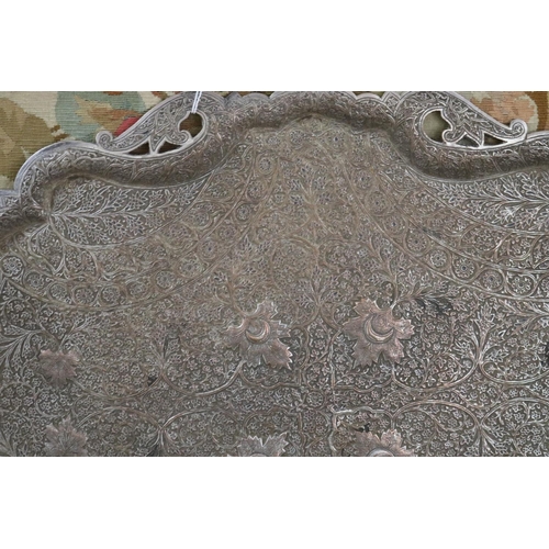 1741 - Antique Islamic silver plate shaped edge tray, all over flat chasing approx 47cm x 64cm