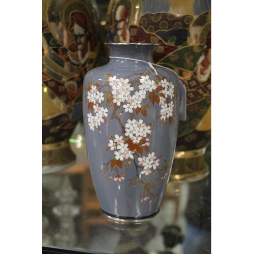 1743 - Japanese cloisonne enamel vase, decorated with cherry blossoms, mounted with silver rim & base, appr... 