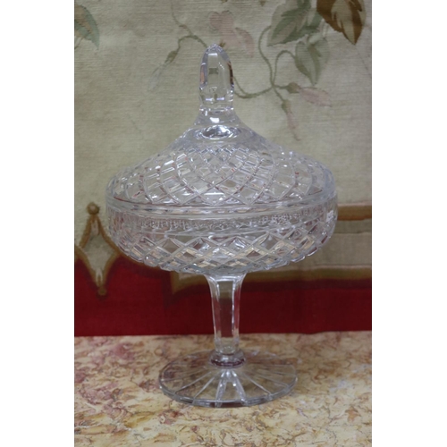 1757 - Large glass lidded pedestal bon bon, approx 38cm H x 26cm Dia