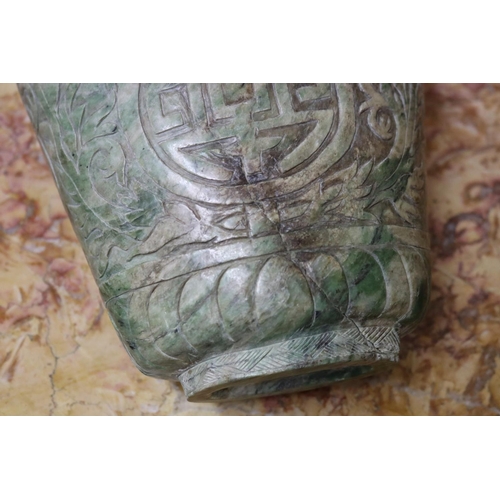 1758 - Chinese archaistic rustic green jade vase, carved in low relief, showing signs of natural cracking, ... 