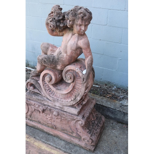1761 - Large garden composite statue of a boy, on C scroll base, comes apart in two pieces for transport, t... 