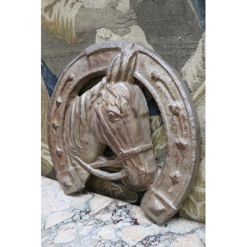 1798 - French cast iron horse head in horseshoe plaque, approx 65cm H x 64cm W