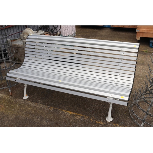 1822 - Antique French iron bench, with later metal slats, approx 152cm W