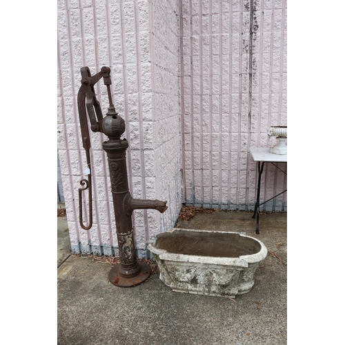 1825 - Antique French cast iron monkey tail pump with composite stone basin, pump approx 148cm H x 67cm W (... 