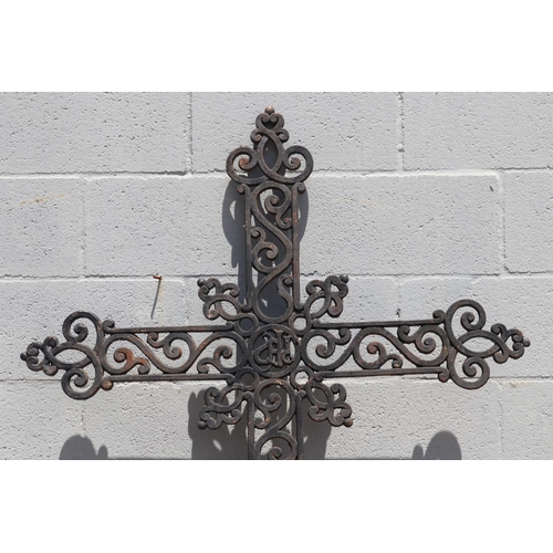 1760 - Antique French pierced iron cross, approx 152cm H x 93cm W