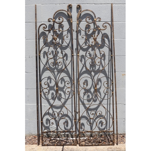 1772 - Antique French scrolling wrought iron side gate, each approx 160cm H x 40cm W (2)