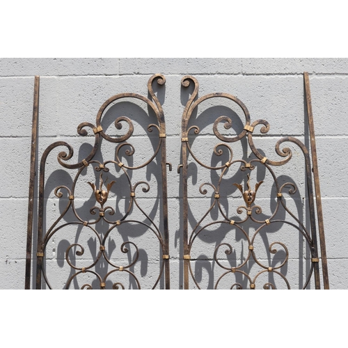 1772 - Antique French scrolling wrought iron side gate, each approx 160cm H x 40cm W (2)