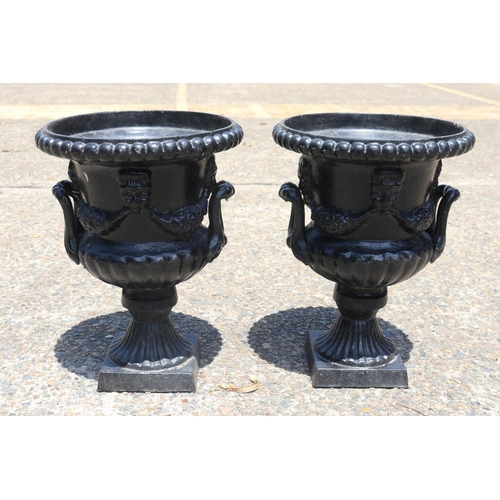1784 - Pair of French twin handled black painted cast iron garden urns, each approx 43cm H x 32cm Dia (2)