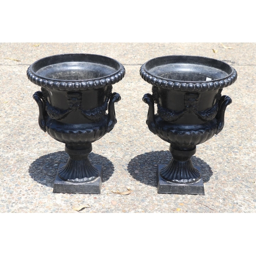 1784 - Pair of French twin handled black painted cast iron garden urns, each approx 43cm H x 32cm Dia (2)