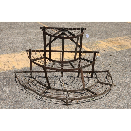 1786 - Vintage French multi tiered demi lune shape pot stand, approx 71cm H x 122cm W x 62cm D