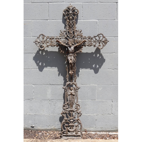 1808 - Antique French pierced iron cross, with applied Jesus, approx 162cm x 89cm
