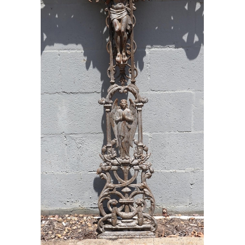 1808 - Antique French pierced iron cross, with applied Jesus, approx 162cm x 89cm
