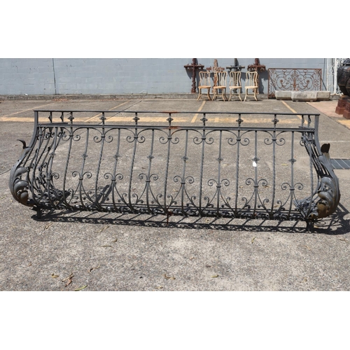 1819 - Most impressive antique French iron balcony, scrolling leaf caps to either end, approx 93cm H x 269c... 