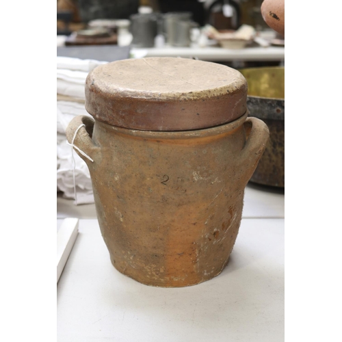 297 - French antique lidded earthenware confit pot, approx 22cm H