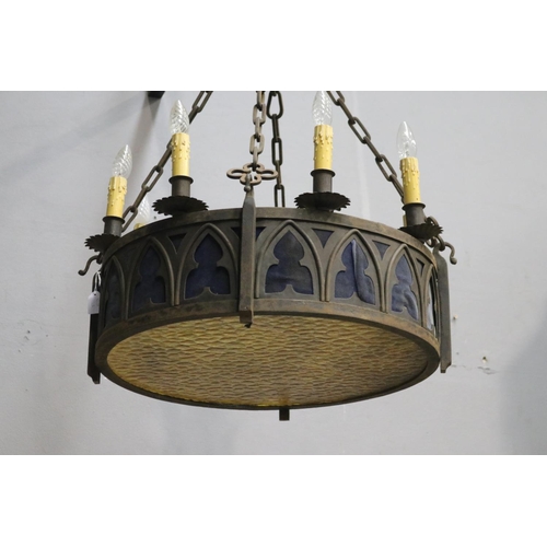 1610 - Most impressive French Gothic style iron chandelier, approx 80cm H x 64cm Dia