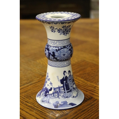 1619 - Blue and white candlestick with impressed D mark to base, approx 16cm H