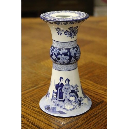 1619 - Blue and white candlestick with impressed D mark to base, approx 16cm H