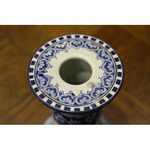 1619 - Blue and white candlestick with impressed D mark to base, approx 16cm H