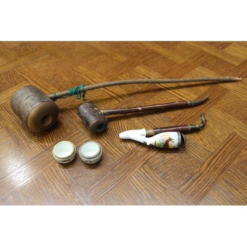 1624 - Three pipes along with a pair of Limoges salts, approx 67cm L and shorter  (5)