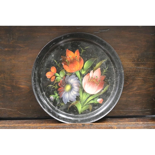 1628 - Circular toleware tray, spray of flowers, marked to base USSR, approx 29cm Dia