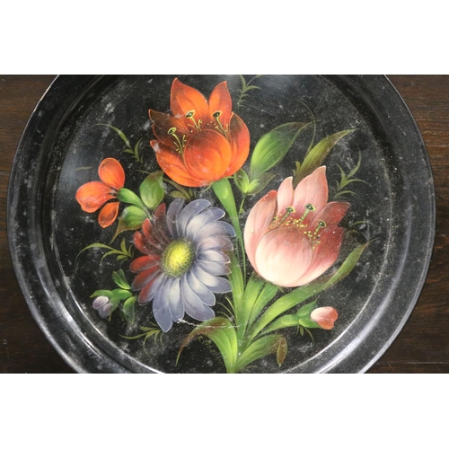 1628 - Circular toleware tray, spray of flowers, marked to base USSR, approx 29cm Dia