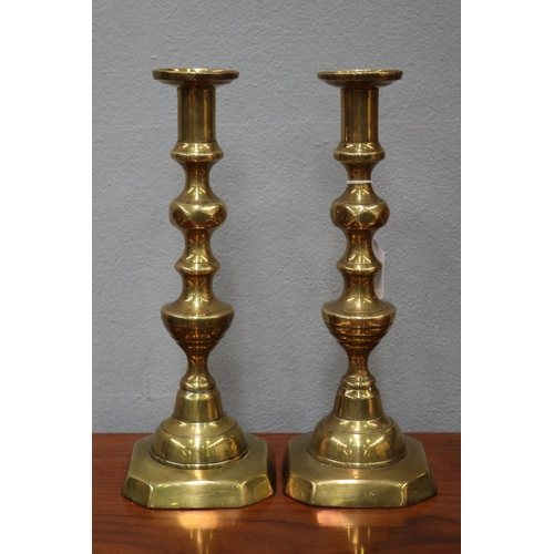 1631 - Pair of antique brass candlesticks, each approx 30cm H (2)