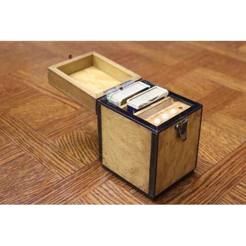 1632 - Wooden games box, with contents, approx 15cm H x 905cm W x 11.5cm D