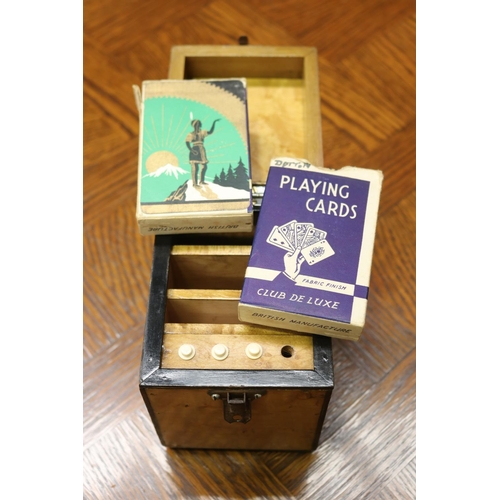 1632 - Wooden games box, with contents, approx 15cm H x 905cm W x 11.5cm D