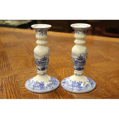 1634 - Pair of Past Times blue and white candlesticks, each 18cm H (2)