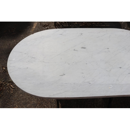 1824 - Vintage French marble topped wrought iron bistro table, approx 72cm H x120cm L x 70cm