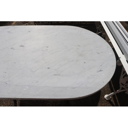 1824 - Vintage French marble topped wrought iron bistro table, approx 72cm H x120cm L x 70cm