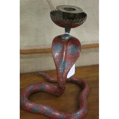 356 - Brass enamel cobra candlestick holder, approx 21cm H x 21cm W