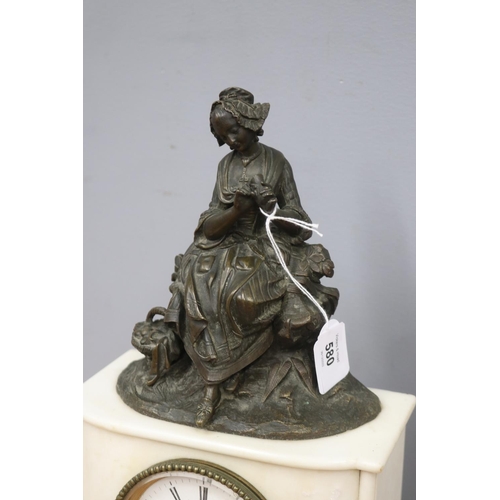 405 - Antique French white marble figural mantle clock, no key but has pendulum in office (A1895-2-79), un... 