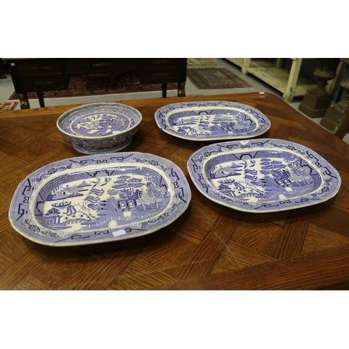 1637 - Antique Staffordshire blue and white Willow pattern platters along with a comport, approx 40cm x 32c... 