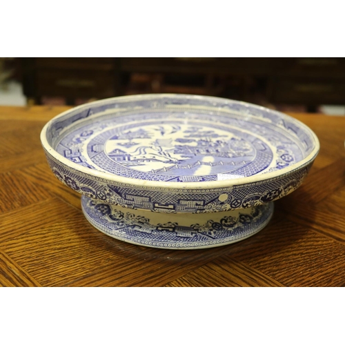 1637 - Antique Staffordshire blue and white Willow pattern platters along with a comport, approx 40cm x 32c... 