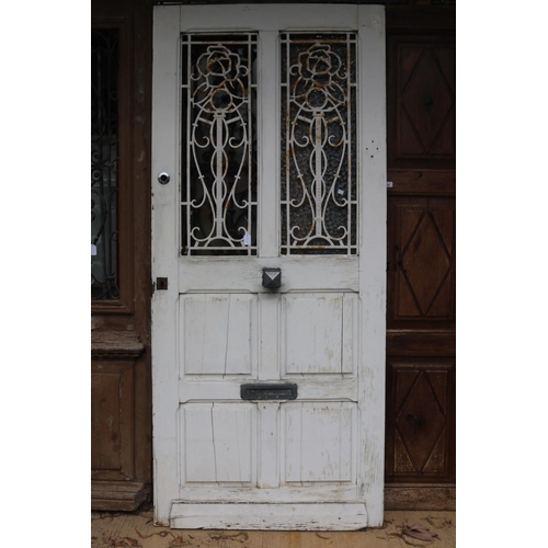 1785 - Antique French entry door, with scrolling iron panels, has lock (in office C143.262), approx 207cm H... 
