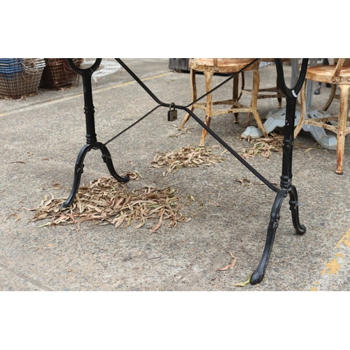 1821 - Vintage French marble topped wrought iron base bistro table, approx 71cm H x120cm L x 60cm