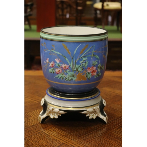 1640 - Antique French porcelain cache pot on stand, floral motif, approx 28cm H (including stand) x 20cm Di... 