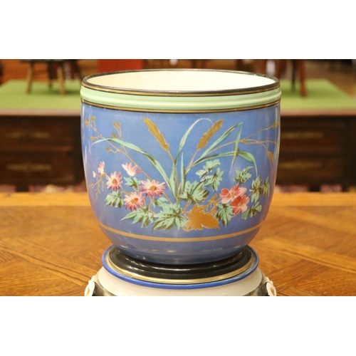 1640 - Antique French porcelain cache pot on stand, floral motif, approx 28cm H (including stand) x 20cm Di... 